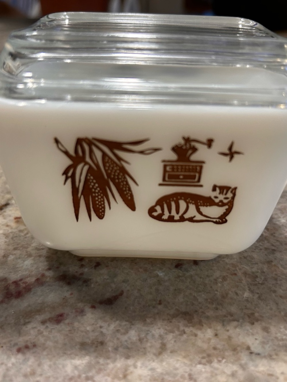 Pyrex Milk Glass Storage Dish with Brown Cat and Corn Design